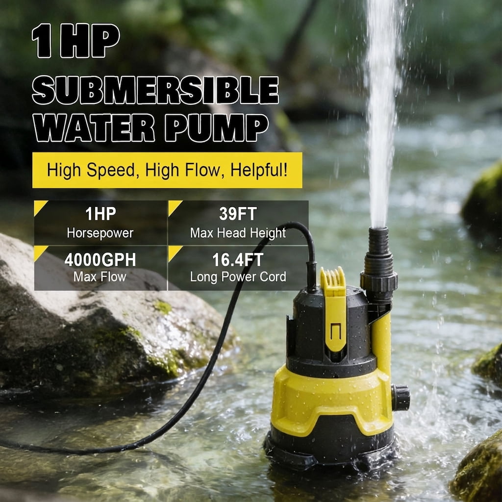 1HP Submersible Sump Pump, Upgraded Pool Cover Pump with Dual Water Outlets & Filter Net - 3500GPH Portable Electric Transfer Pump for Pool, Hot Tubs, Basement Floods, Yellow