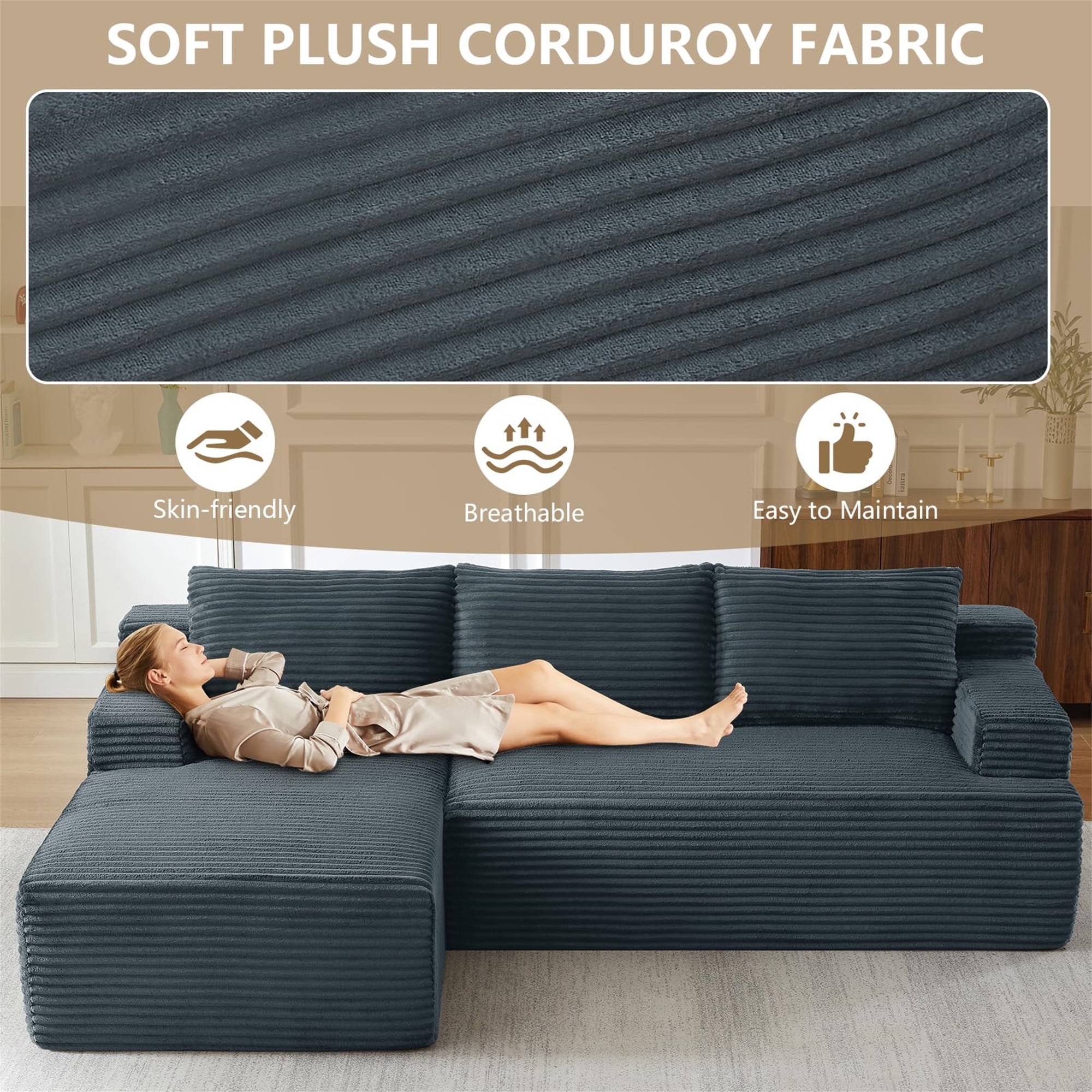 Aukfa 105" Cloud Sectional Sofa Boneless Couch Modular Sofa Bed for Living Room, 2Pillows, Left Chiase, Corduroy, Gray