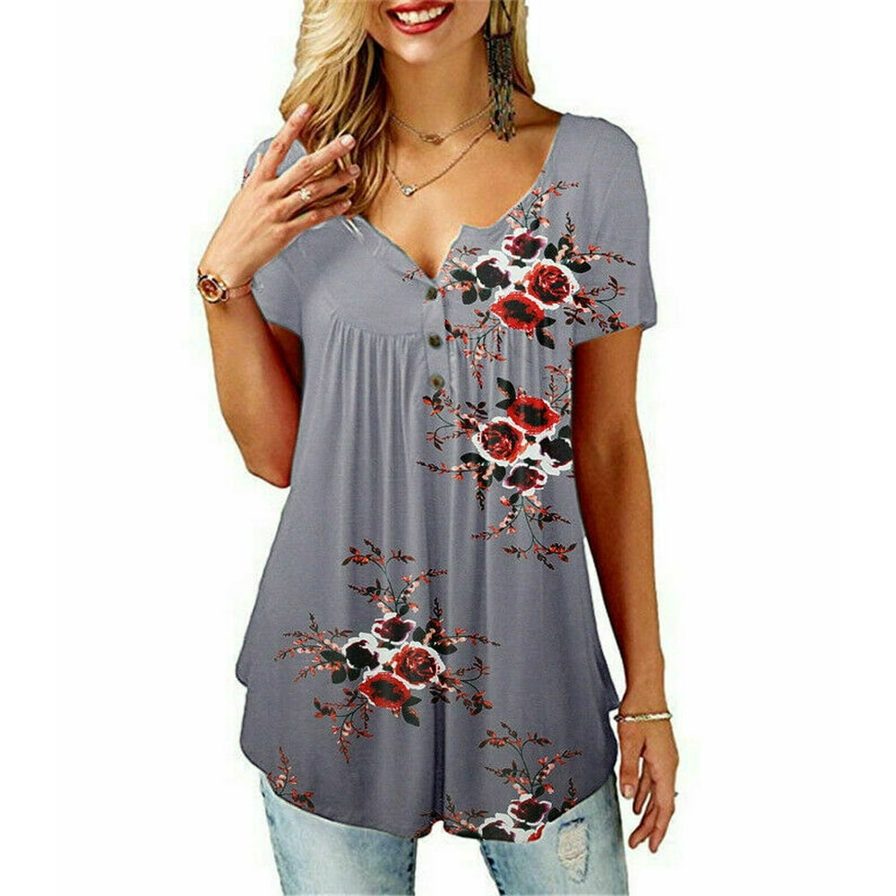 Wallarenear Womens V Neck Floral Tee T Shirts Short Sleeve Blouse Loose Tunic Tops Plus Size 5164