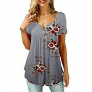 Womens V Neck Floral Tee T-shirts Short Sleeve Blouse Loose Tunic Tops Plus Size