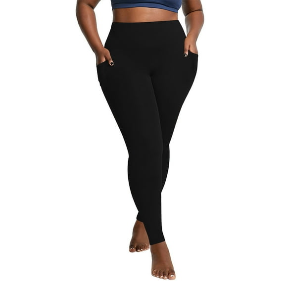 Htigea Fleece Lined Leggings for Women Warm Winter Yoga Pants Plus Size Stretchy High Waisted Workout Tights Bottoms with Pockets Black,XL