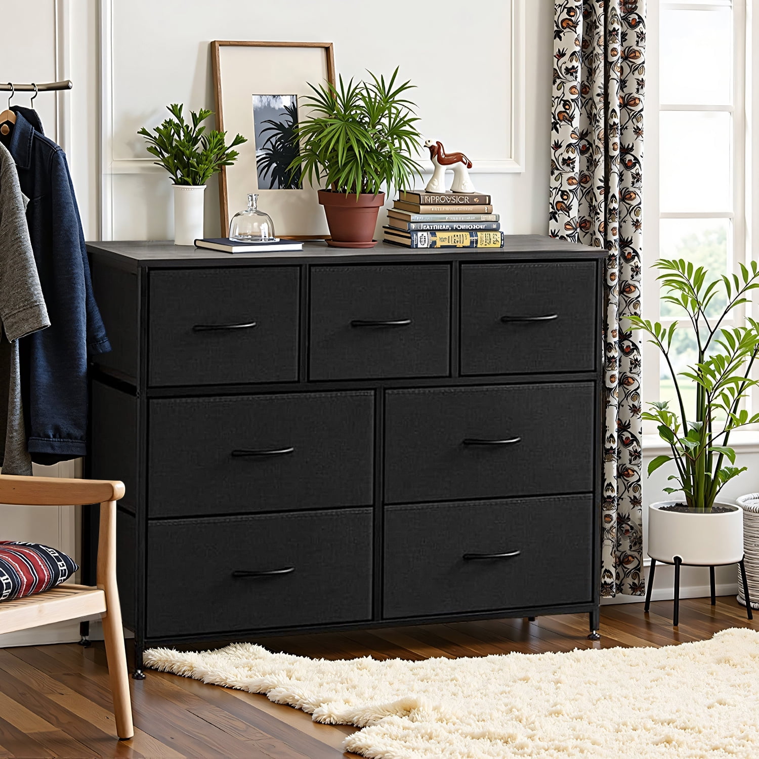 Simenmax 7 Drawer Dresser for Bedroom, Fabric Storage Dresser for Bedroom, Wood and Metal Dresser TV Stand for Living Room, Storage Tower with Bins, Chest of Drawers for Closet, Hallway,Black