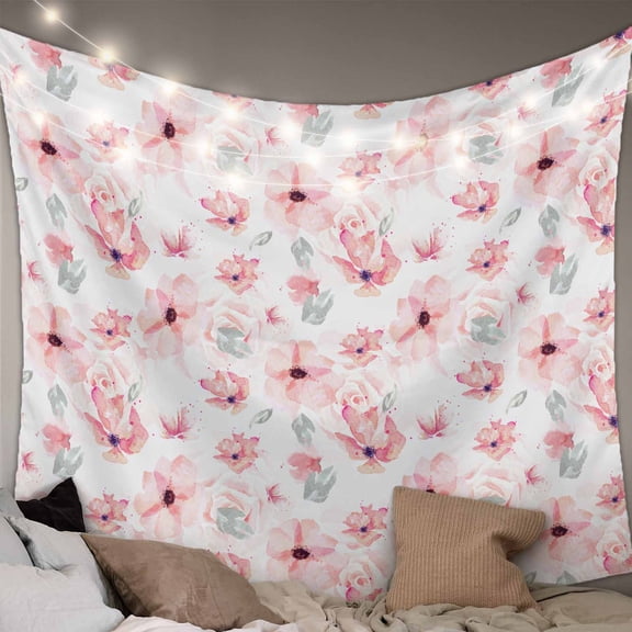 Pink Spring Floral Tapestry for Bedroom Wall Hanging Tapestry, Summer Botanical Floral Watercolor Ceiling Backdrop Tapestries Poster Blanket Wall Decor for Teens Room Living Room Dorm 55" x 73"