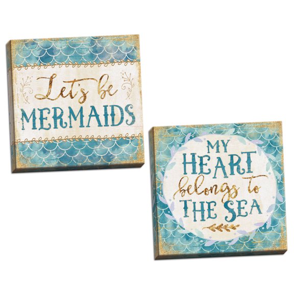 Gango Home Decor Coastal Let's be Mermaids & My Heart Belongs to the Sea by Mollie B. (Ready to Hang); Two 12x12in Hand-Stretched Canvases