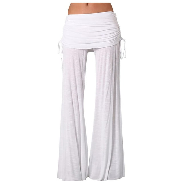 Timegard Plus Size Pants for Women Wide Leg Ruched Drawstring Flare Leggings Casual Comfy Trousers