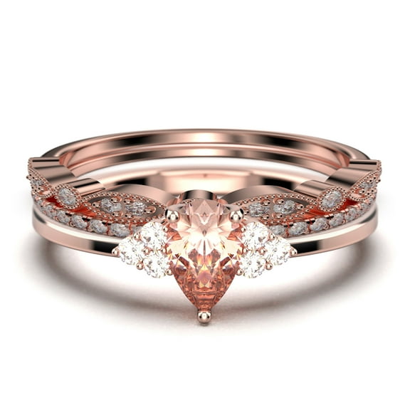 Dazzling Minimalist 2.25 Carat Pear Cut Affordable Ring, Morganite And Diamond Moissanite Engagement Ring, Unique Wedding Ring, Two Matching Band in 925 Sterling Silver With 18k Rose Gold Plating
