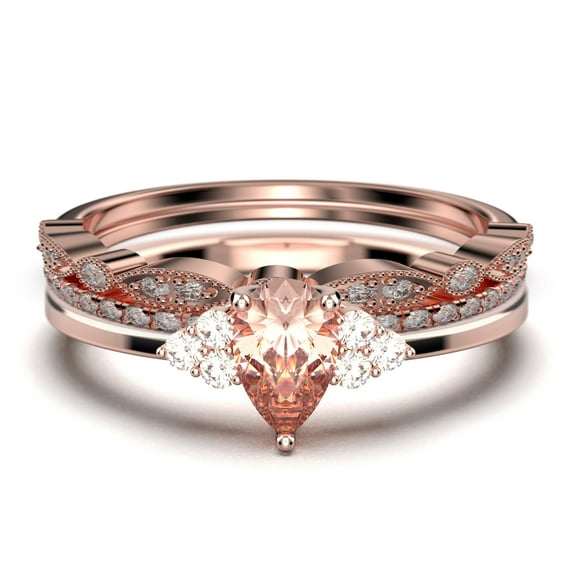 Dazzling Minimalist 2.25 Carat Pear Cut Affordable Ring, Morganite And Diamond Moissanite Engagement Ring, Unique Wedding Ring, Two Matching Band in 925 Sterling Silver With 18k Rose Gold Plating