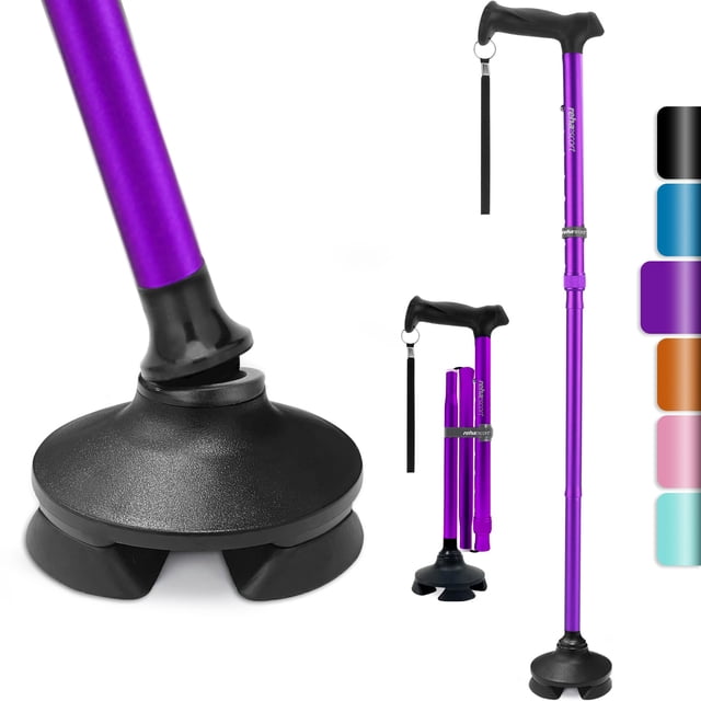 Bastón Rehaescort para hombre y mujer: plegable, ajustable, ligero, para personas mayores, con equilibrio, de pie, punta pivotante, mango suave, con bolsa de viaje (morado)