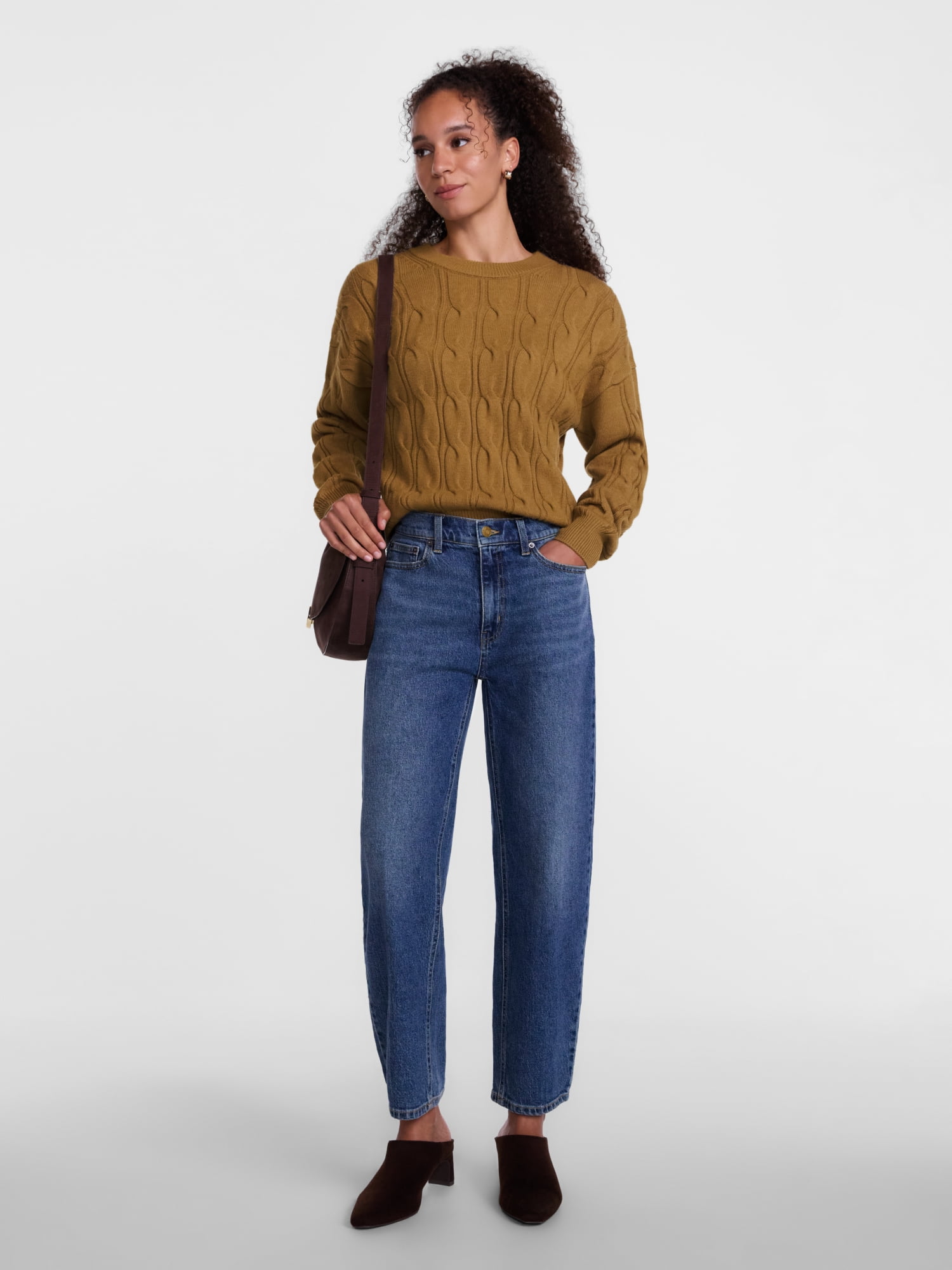 Scenario Women's Crewneck Cable Knit Mid-weight Sweater, Sizes XS-XXXL