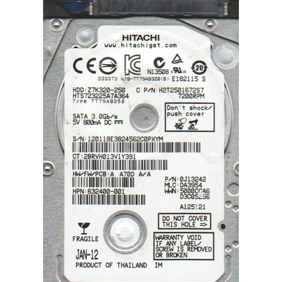 HTS723225A7A364, PN 0J13242, MLC DA3954, Hitachi 250GB SATA 2.5 Hard Drive