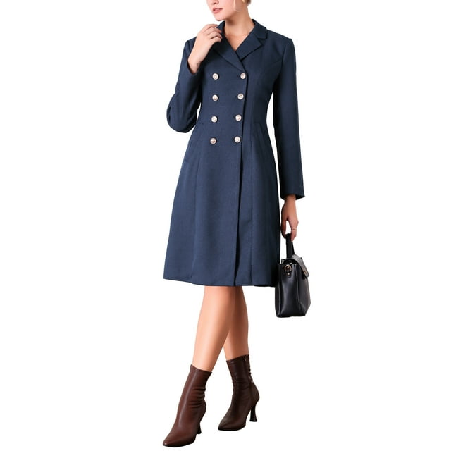 Vestido Blazer de Tweed para Mujeres INSPIRE CHIC con Cuello, Doble Botonadura, Corte A, Vestidos Formales de Trabajo en Azul Marino