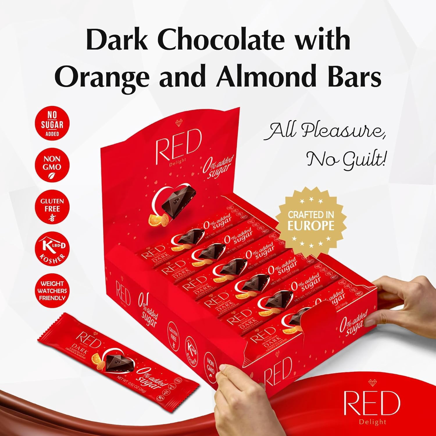 RED Delight Orange and Almond Dark Chocolate 12 Count Box of Grab N Go Travel Size Bars (0.92 Ounces Each)