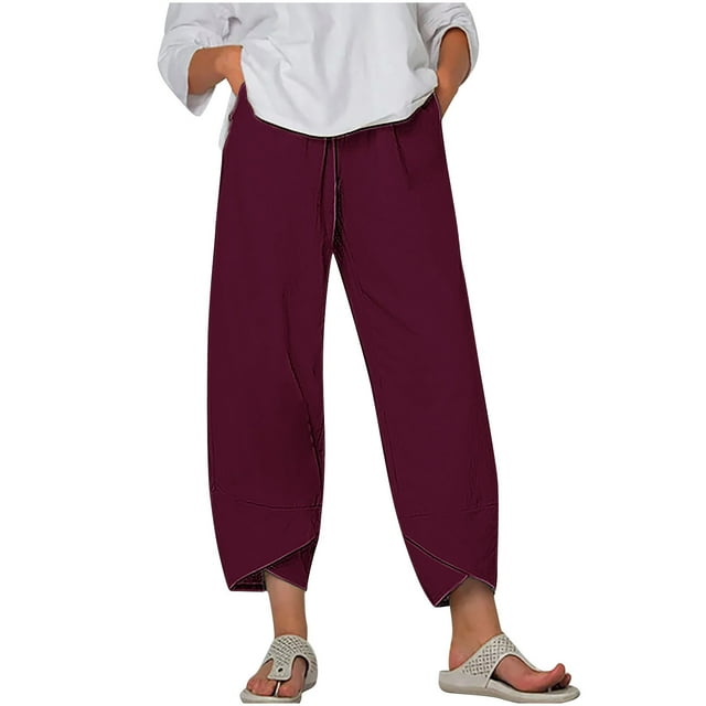 Timegard Plus Size Pants for Women Elastic Waist Solid Color Comfy Fall Casual Crop Pants with Pockets