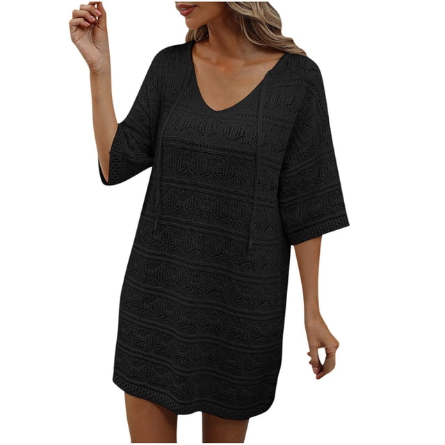 QIPOPIQ Robes de Plage pour Femmes Manches Courtes Couleur Unie Découpée Robe d'Été Vacances Robe de Plage Protection Solaire Blouse Offres 2023