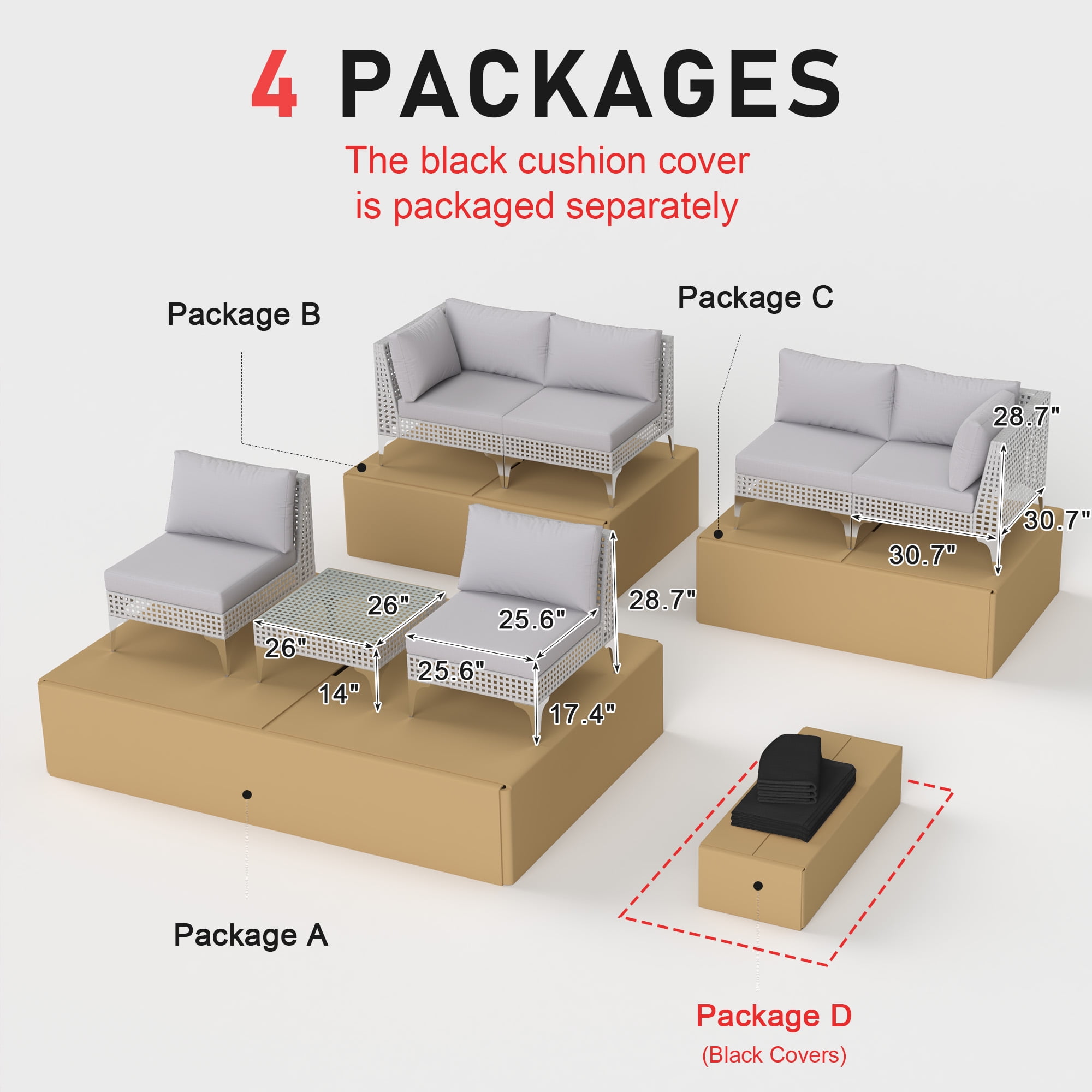 RADIATA 6Pcs Patio Boho Furniture Sofa Sets with Black Cushions , All-Weather White PE Wicker Outdoor Conversation Sets for Backyard, Deck, Poolside, Porch ,  Patio Sofa Sectional