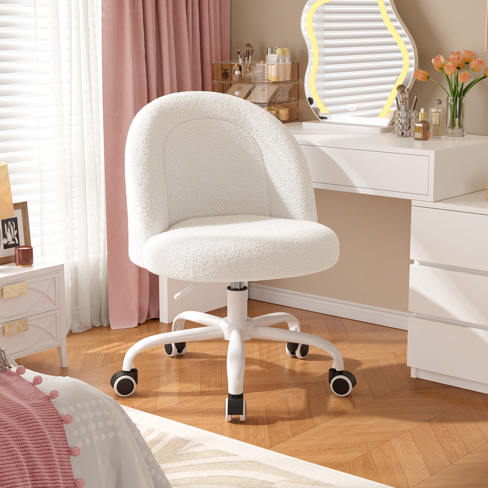 Romorgniz Vanity Chair Height Adjustable Desk Chair with Wheels, Armless Office Chair with Soft Lumbar Support for Small Space, Bedroom, Home office, White