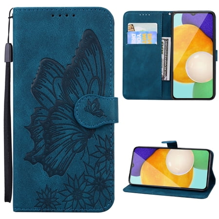 Wallet Case for Samsung Galaxy A54 5G Vintage Design Embossed Butterfly Pattern PU Leather Book Style Shockproof Cover with Card Holder Stand Magnetic Clasp Case for Samsung Galaxy A54 5G Blue