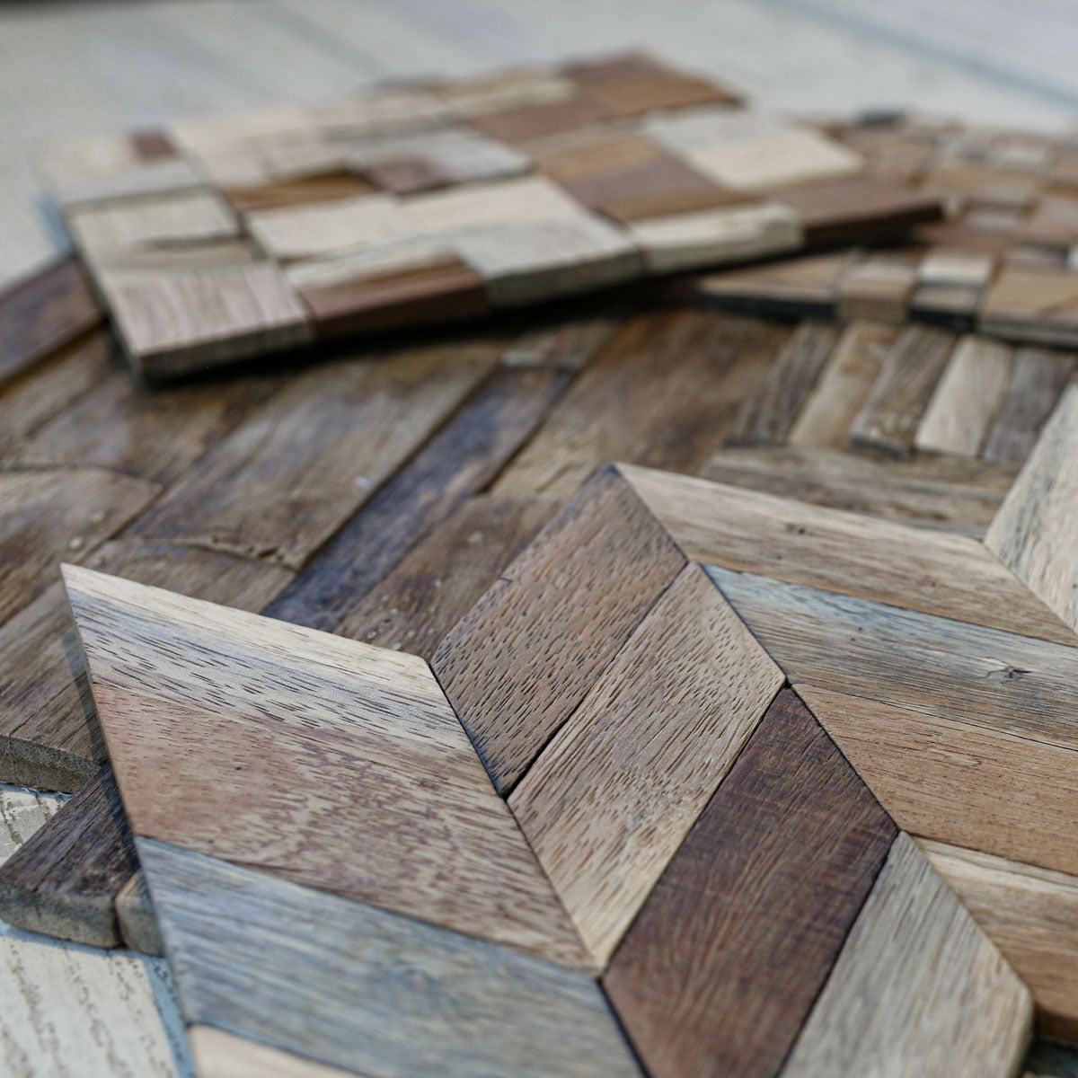 Ekena Millwork 11 7/8"W x 11 7/8"H x 3/8"P Chevron Boat Wood Mosaic Wall Tile, Natural Finish