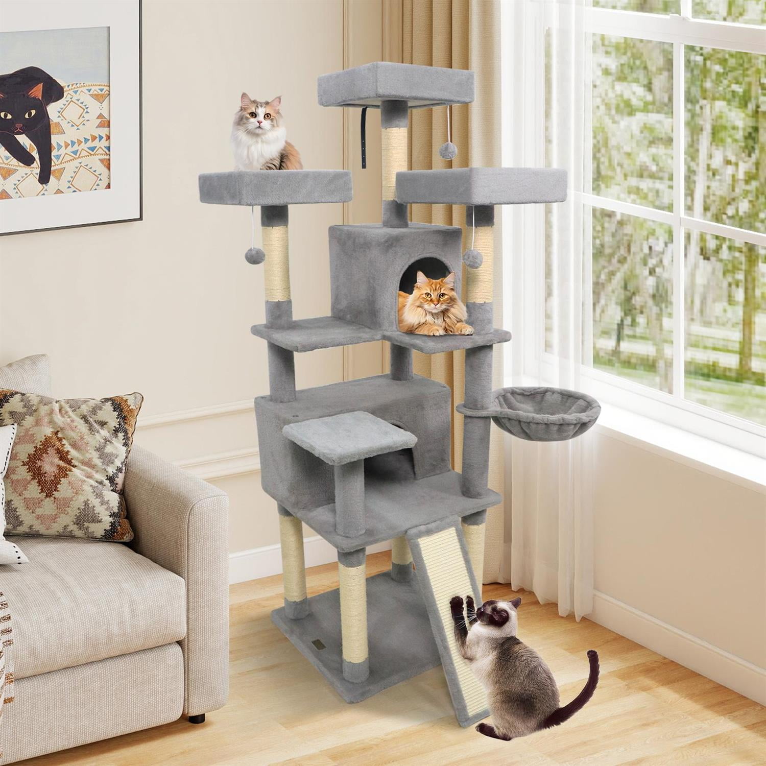 Pefilos 65" Tall Multi-Level Cat Tree, 3 Upholstered Perches & 2 Condos, Sisal Scratching Posts, Light Gray