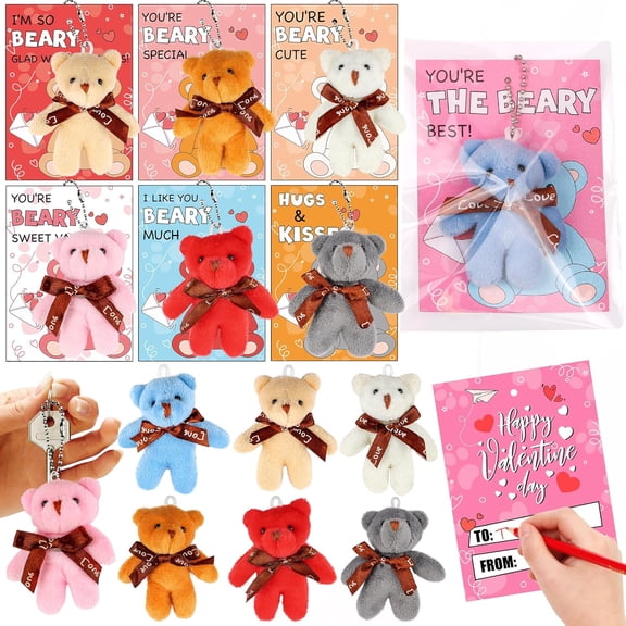 28 Pack Valentiens Day Gifts for Kids School Valentines Day Cards with Mini Plush Bear Keychain Toys, Valentines for Kids Classroom Valentines for Class Exchange Gifts Party Favors for Boys Girls