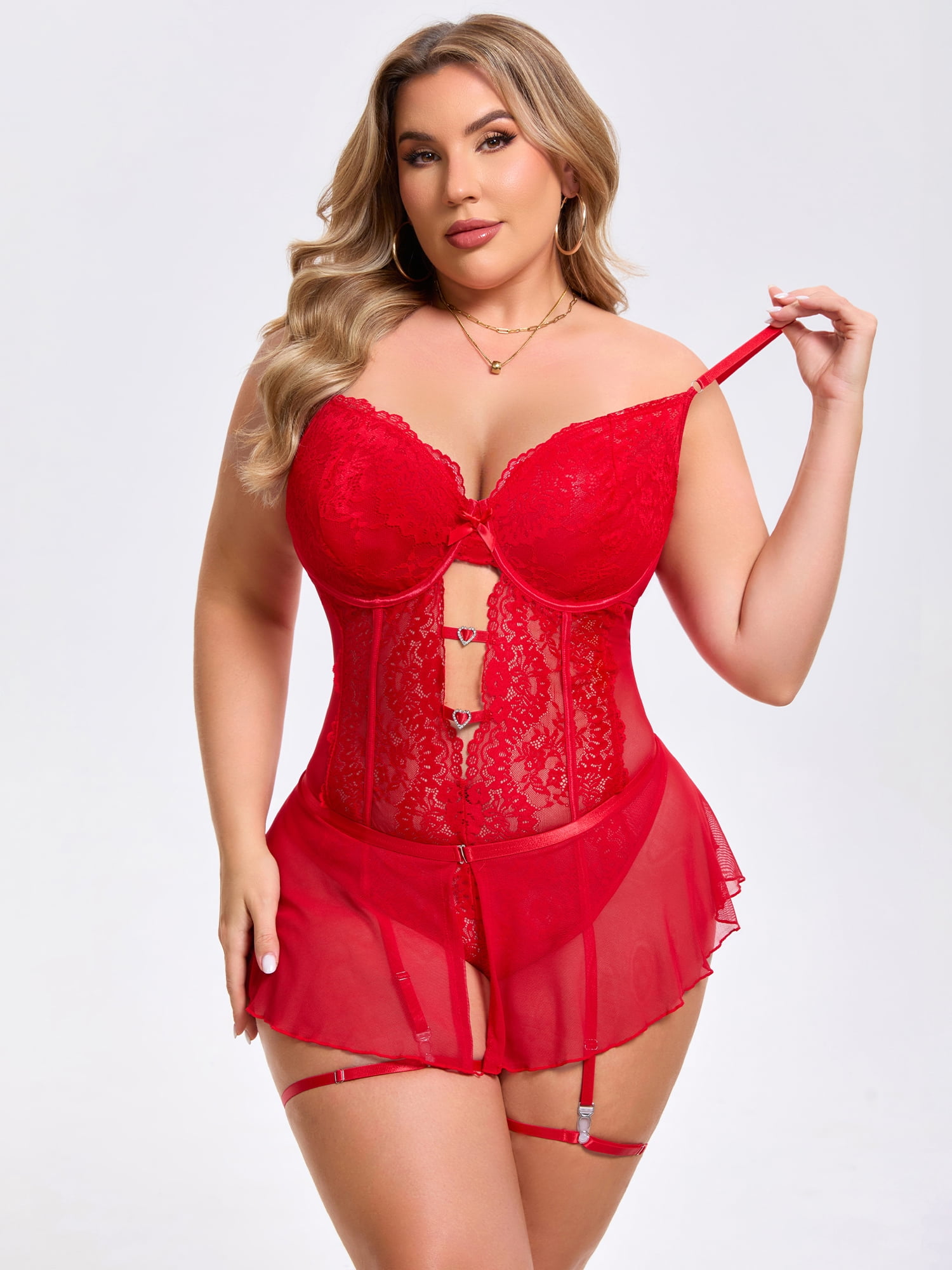 DARING DIVA Women's Cut Out Skirt Bodysuit Underwired Lingerie Set 2XL Red