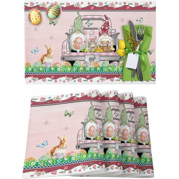 Easter Placemats Set of 6, Gnome Bunny Easter Eggs Truck Placemat for Dining Table Decorations, Spring Flowers Place Mats, Spring Table Mats for Kitchen Dinner Seasonal Holiday Party Decor
