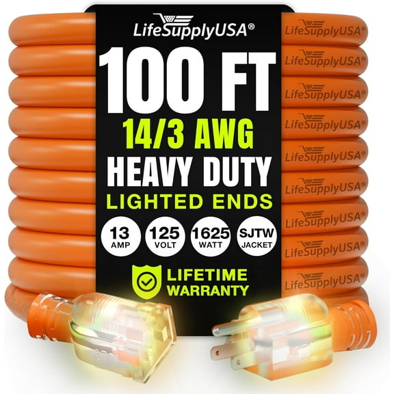 100ft Outdoor/Indoor Extension Cord 14/3 Gauge Heavy Duty 3 Prong SJTW, Waterproof, Flexible Cold-Resistant Long Power Cord,125 Amp 1625W, Orange by LifeSupplyUSA