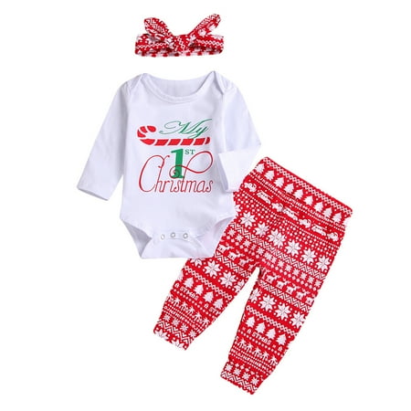 

Vikakiooze Infant Baby Letter Print Jumpsuit Romper+Christmas Snowflake Print Pants Outfits