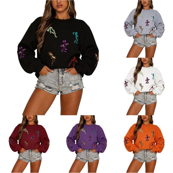 DHFJKG Halloween Sweatshirt Womens Funny Skeleton Sweatshirt Relaxed Fit Spooky Crewneck Pullover Tops