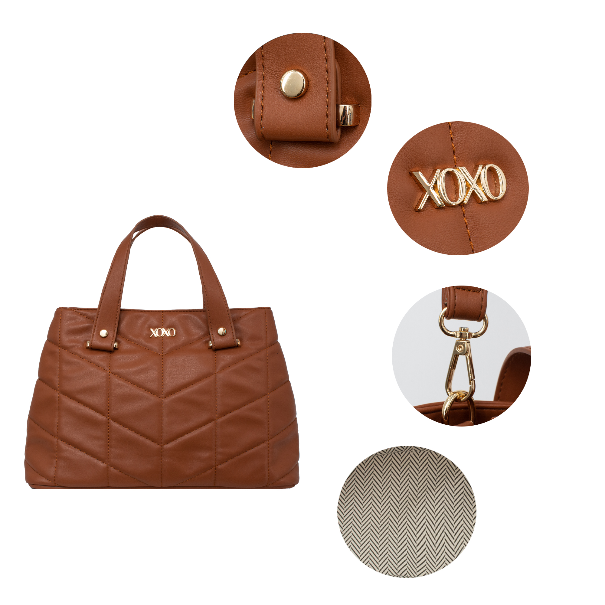 XOXO Women’s Cognac Chevron Vegan Leather Quilt Everyday Satchel Bag withAdjustable Strap