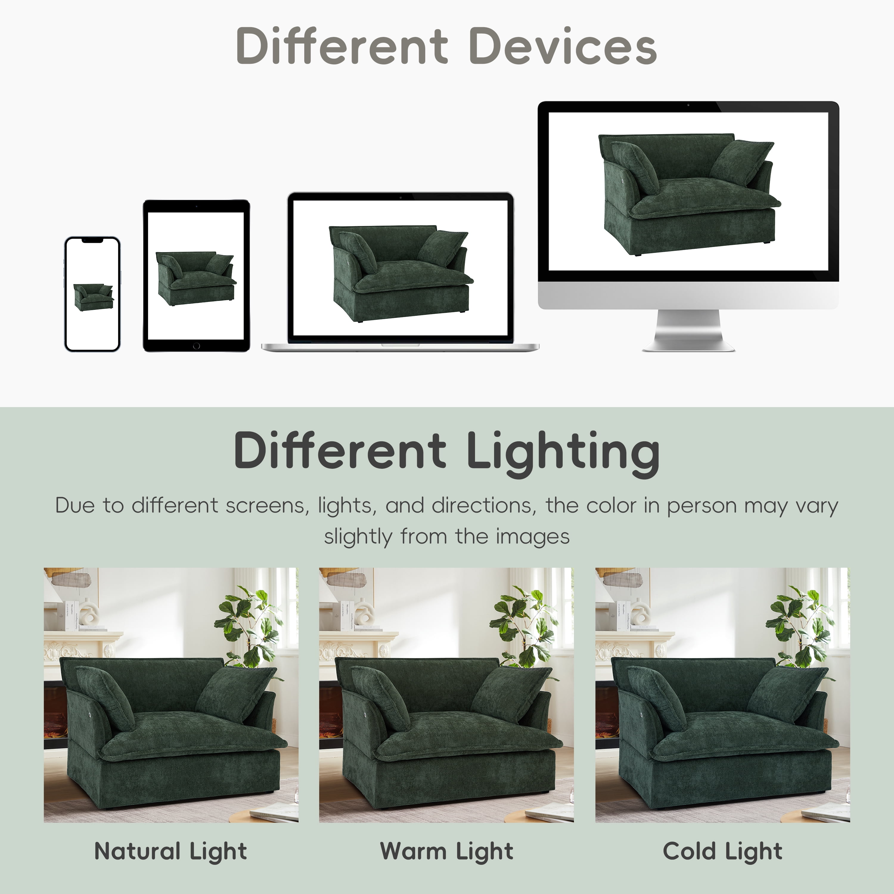 Accent Chair, Armchair, Single Sofa, Oversized Chenille Chair with 2 Pillows and Deep Seat for Living Room, Green