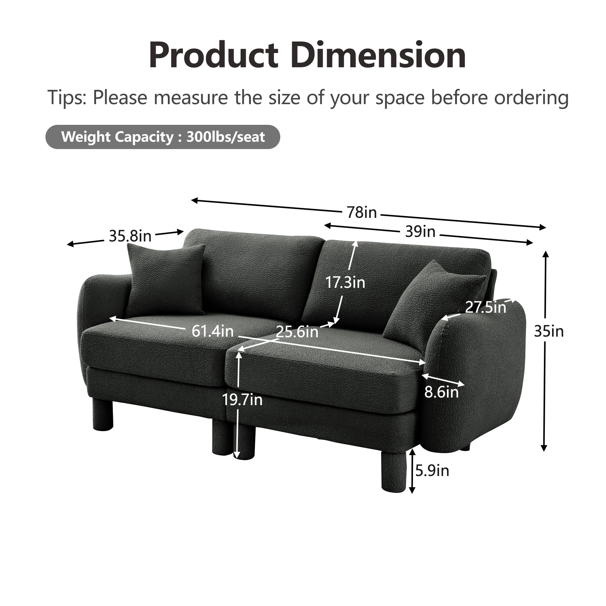 Gewnee Dark Grey 2-Seater Boucle Loveseat with Shell Armrests & Fabric-Wrapped Cylindrical Legs - Ideal for Bedroom Reading Nook, Home Office Lounge