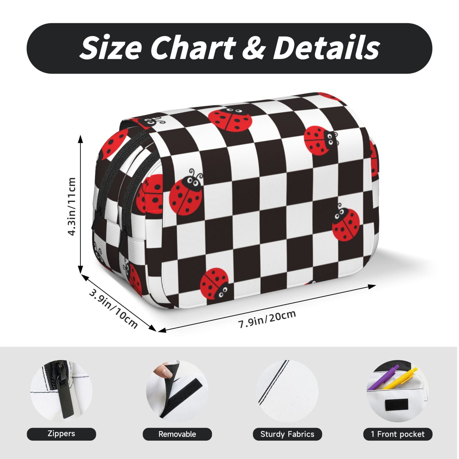 Rateoe Ladybugs Of Black And White Checkers Pattern Double Clamshell Pen Case, Storage Organizer with Two Zipper Compartments– Holds Up to 50 Pencils & Pens