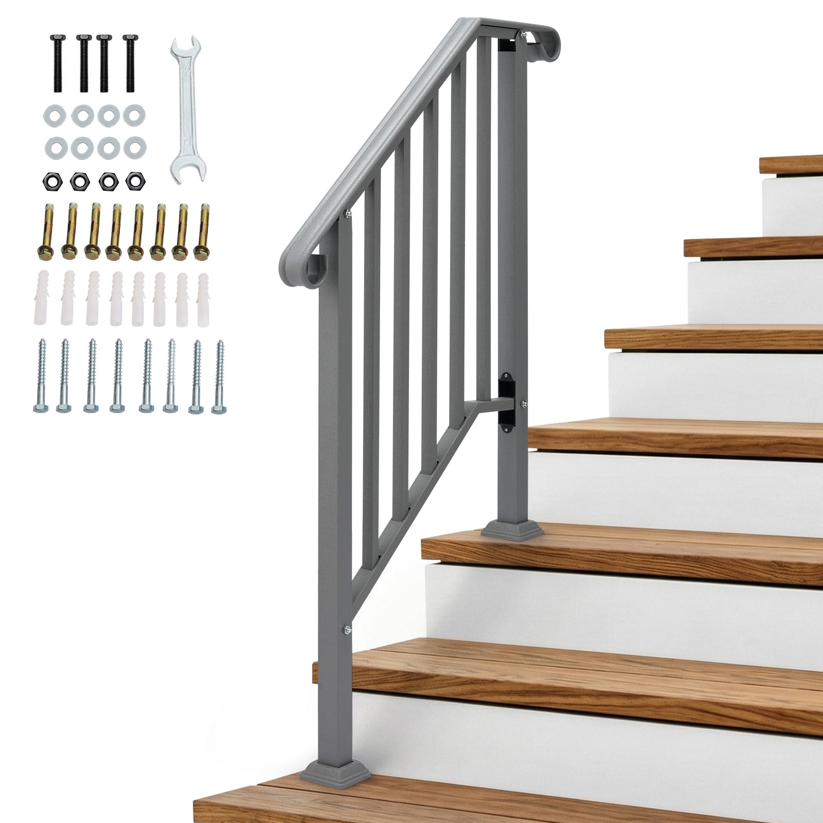 Silver Powder Coated Galvanized Iron Curved Stair Handrail Fit 2 Steps Outdoor Garden Picket Step Safety Railing With Full Installation Hardware