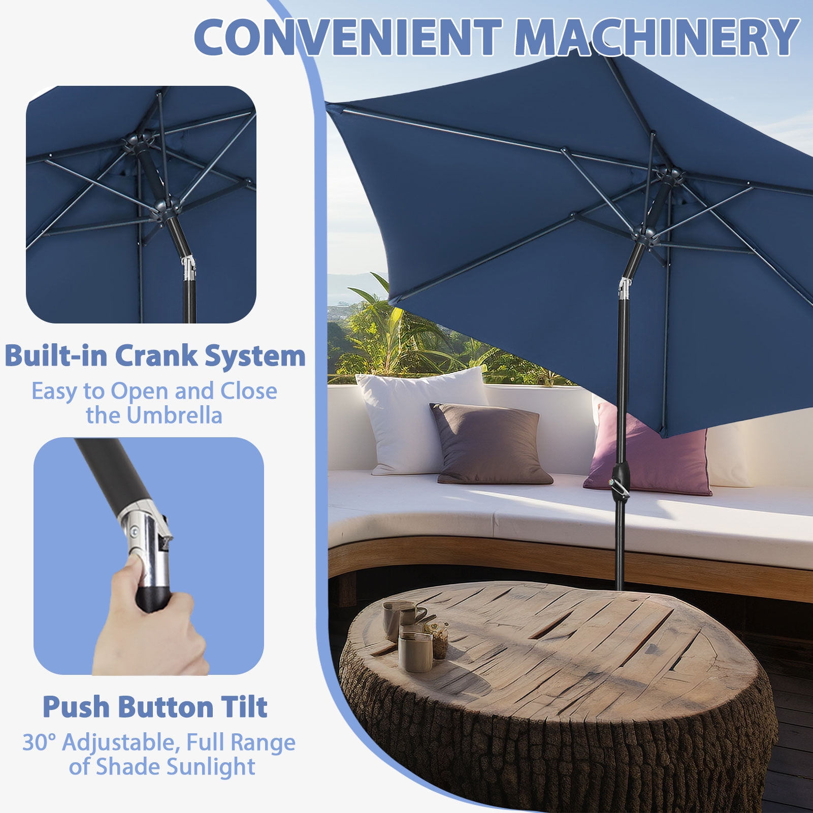 Autlaycil 9ft Outdoor Patio Umbrellas 6 Ribs with Tilt and Crank Patio Table Umbrella, for Patio Garden and Poolside, Navy Blue