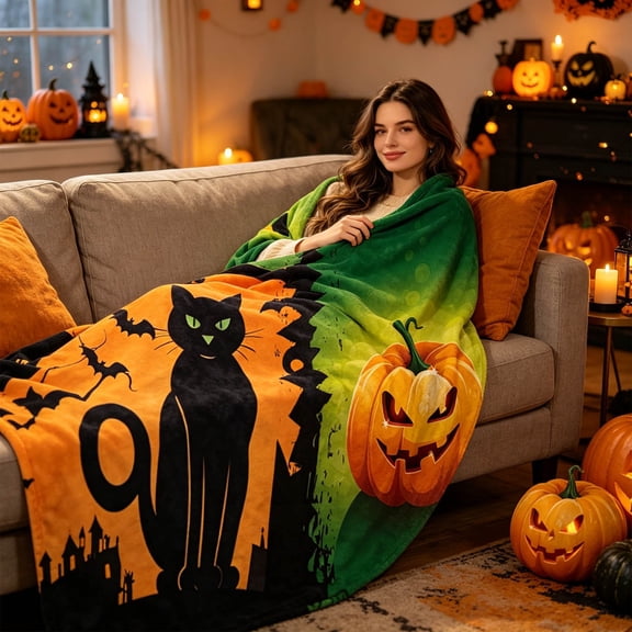 Fmbmuo Lightweight Halloween Spooky Pumpkin Black Cat Throw Blanket , Soft Cozy Warm Decorative , For Sofa Couch Bed Home Holiday Decoration