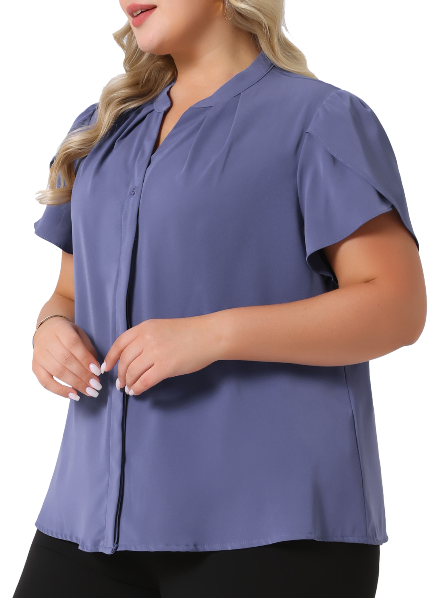 DARING DIVA Women's Plus V Neck Petal Sleeve Button Down Chiffon Blouse 1X Blue