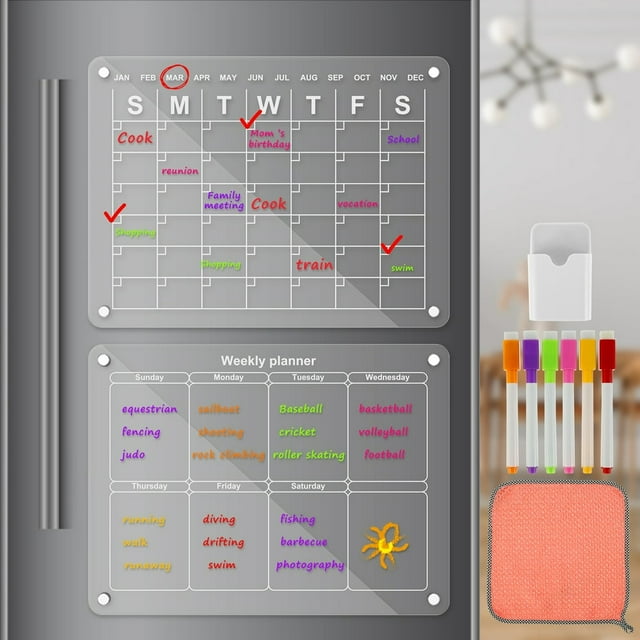 PENGXIANG Acrylic Magnetic Calendar Clear Dry Erase Board Reusable Monthly and Weekly Memo Calendar with 6 Markers Portable Fridge Planner Board Note Message Board Schedule Writing Tablet
