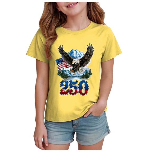 Karoyedx Girls Outfits Girls American Flag Tops Boys 4th of July Shirts USA Summer Short Sleeve Tee Independence Day Outfit Yellow Size,7-8 Years