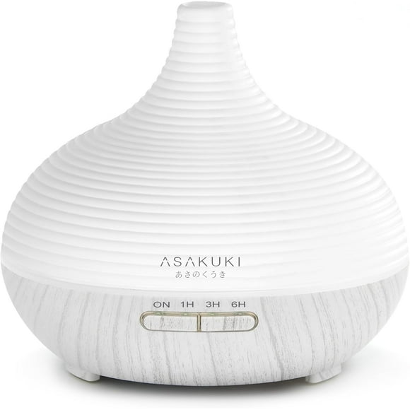 ASAKUKI 300ML Essential Oil Diffuser, Wood Grain BPA-Free Whisper Quiet 5-in-1 Cool Mist Humidifier, Natural Home Fragrance Diffuser with 14 Colors LED Lights and Easy to Clean - White