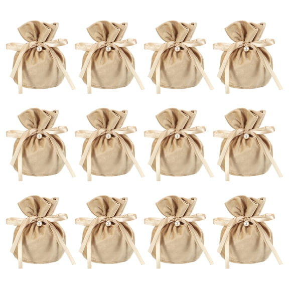 Uxcell Flannel Drawstring Gift Bags, Jewelry Pouches Mini Gift Packaging Bag, 6 x 5.5 in Storage Pouch with Pearl (12 Pack, Champagne)