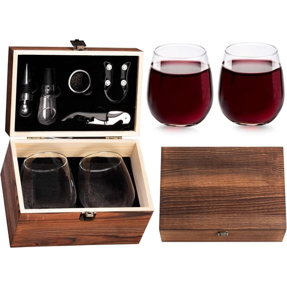 shop4ever Set of 2 Stemless Wine Glasses and Accessories with Wood Box Gift for Him, Her