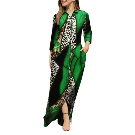 

Ladies Lapel V Neck Long Sleeve Robe Long Prints Dress Buttons Shirt Long Dress
