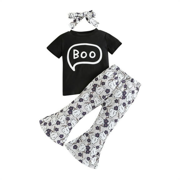 WeeBloom Baby Halloween Outfit Kids Hallowmas Short Sleeve Tshirt Bell Bottom Headbands Clothes Toddler Outfits For Girls,Black 2-3 Years