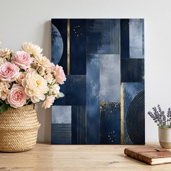 Navy Blue Geometric Canvas Wall Art, Modern Color Block Patchwork Abstract Art Framed Canvas Wall Decor Picture Print Artwork Decorations for Living Room Office Ready to Hang 24" x 18"