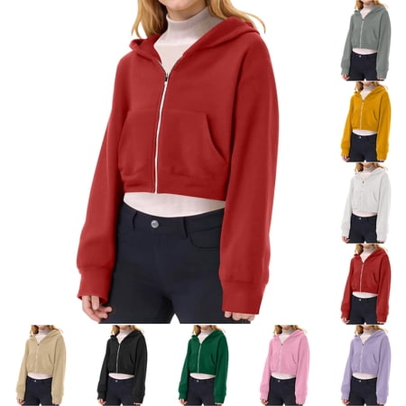 Hoodies for Kids Long Sleeve Cropped Zip up Jacket Hoodies Casual Tops Fall Winter Clothes Girls Red Sweatshirt Size 5-14 Years