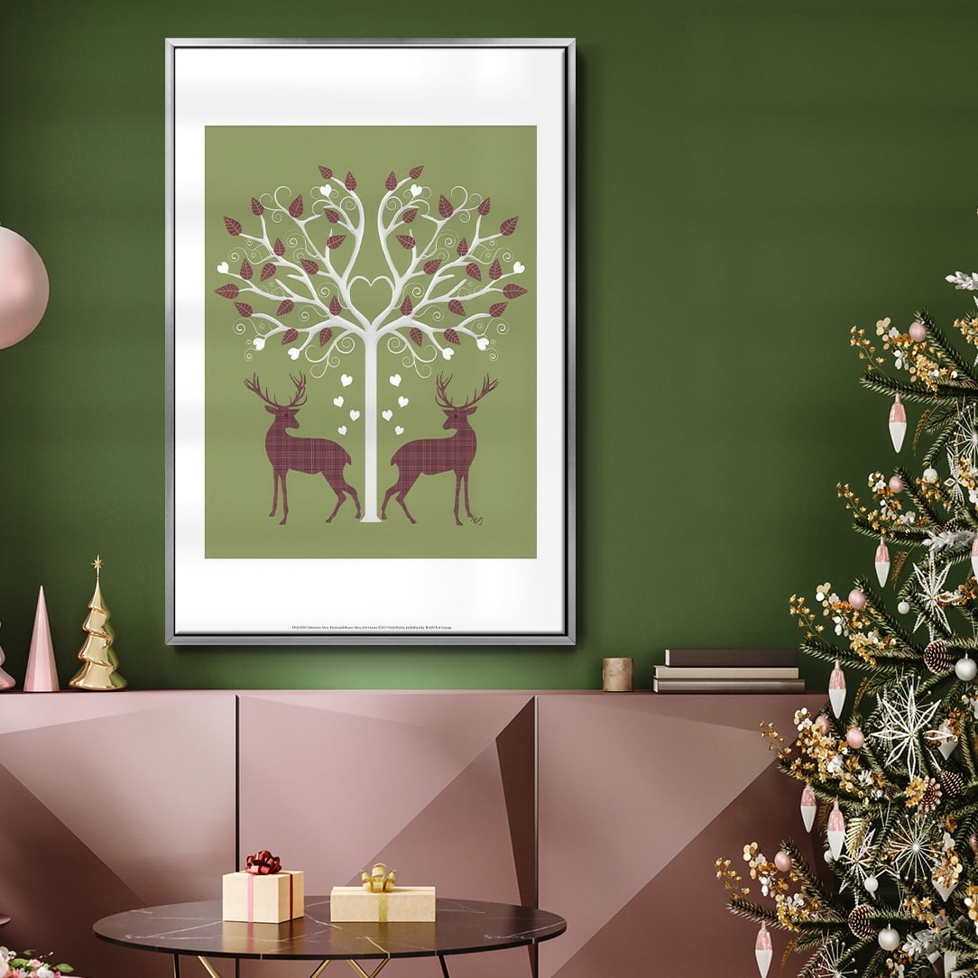 Christmas Des - Deer and Heart Tree, Pink On Green - Framed Gallery Wrapped Holiday Canvas - 25 x 37 - Silver Frame