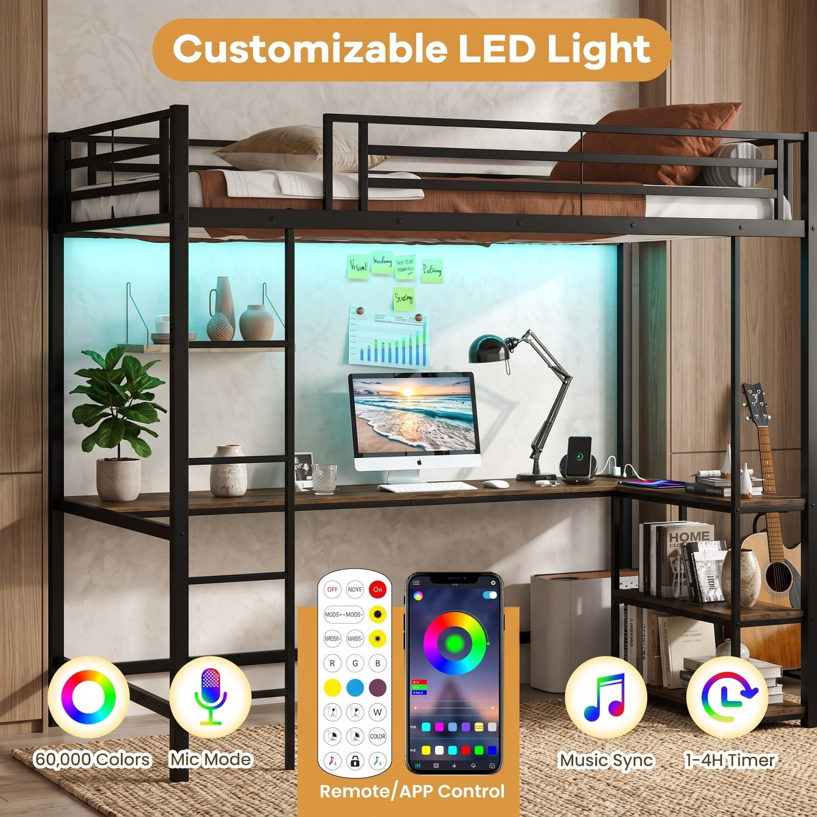 Furnibear Twin Size Loft Bed with Desk and 2 Storage Shelves for Teens Dorm Bedroom, Metal Loft Bed Frame with LED Lights and Ladder, Black