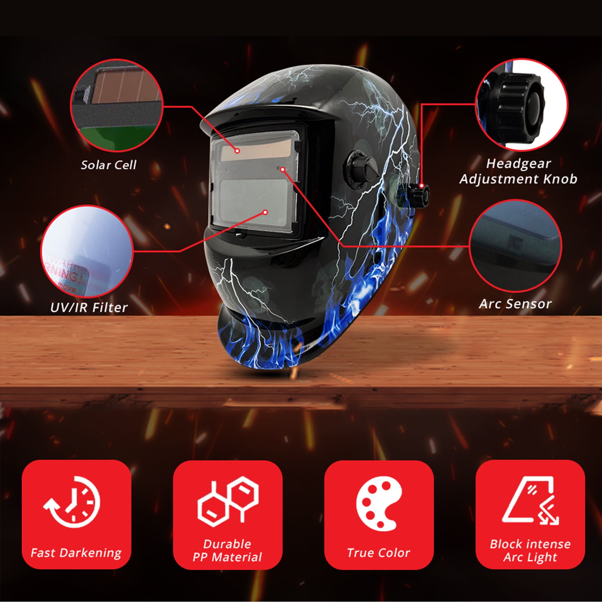 Welding Helmet, True Color Solar Power Auto Darkening Welding Helmet Welder Hood with Adjustable Shade Range for Mig Tig Arc Sensor Welder Mask