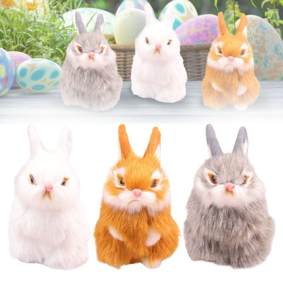 Mini Realistic Plush Rabbits Set of 3, Lifelike Stuffed Bunny Figurines for Easter, Home Party Decor & Gift, Brown & White, 4.3 in